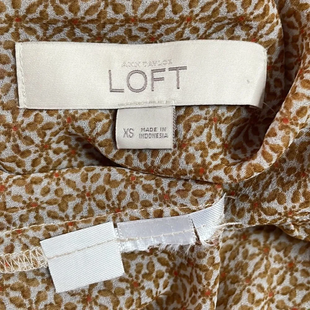 LOFT sheer floral print button front blouse puff sleeve black mustard red white